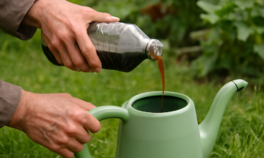 Tangan menuangkan pupuk organik cair dari botol plastik ke alat penyiram di kebun rumah