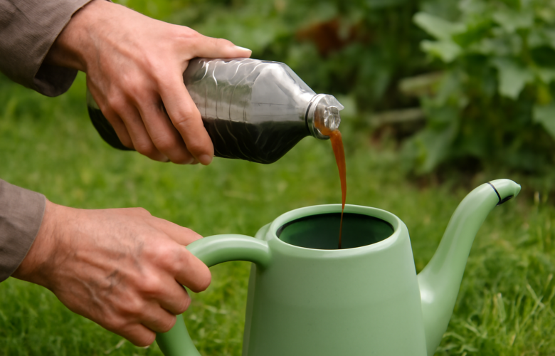 Tangan menuangkan pupuk organik cair dari botol plastik ke alat penyiram di kebun rumah