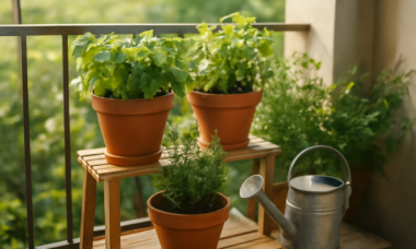 Pot herba aromatik seperti kemangi dan rosemary tersusun di rak balkon apartemen