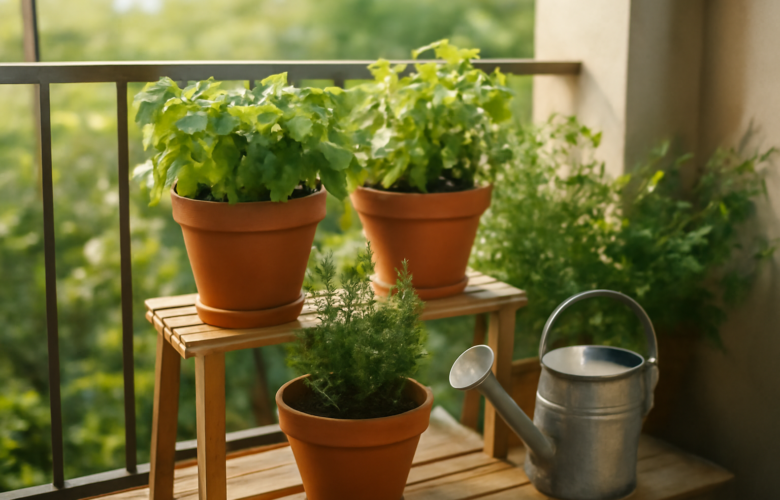 Pot herba aromatik seperti kemangi dan rosemary tersusun di rak balkon apartemen