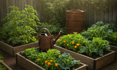 Kebun permakultur rumahan dengan bedeng sayur campuran dan bunga marigold di halaman belakang
