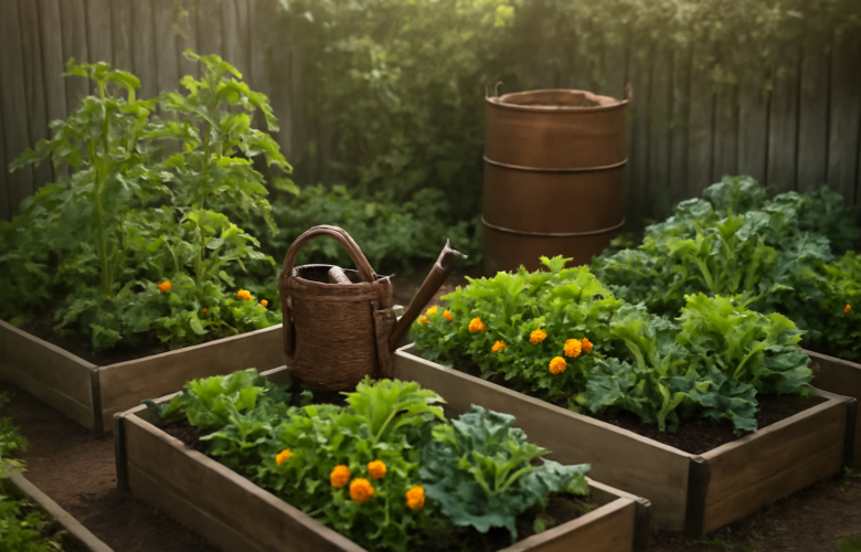 Kebun permakultur rumahan dengan bedeng sayur campuran dan bunga marigold di halaman belakang