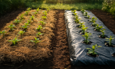 Dua bedeng kebun rumah dengan mulsa jerami dan mulsa plastik hitam
