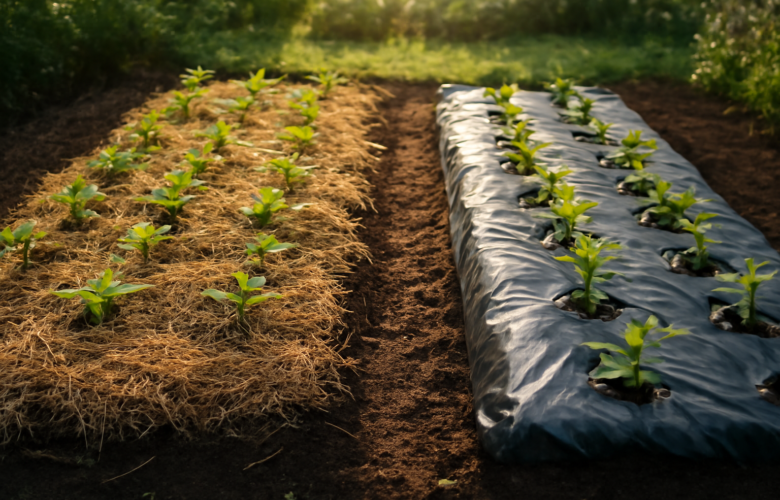 Dua bedeng kebun rumah dengan mulsa jerami dan mulsa plastik hitam